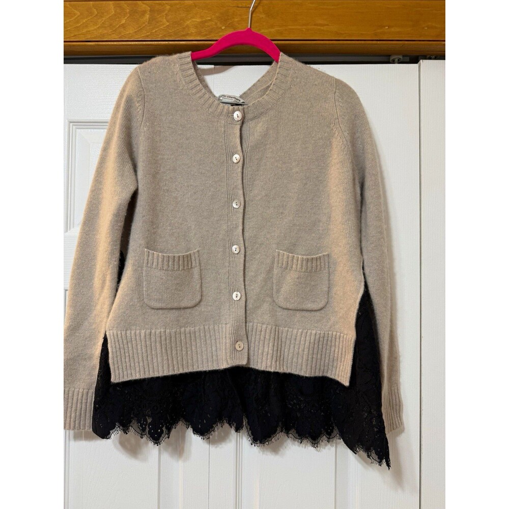 Autumn Cashmere Cashmere Button Cardigan Sweater Lace Trim Pockets Beige S